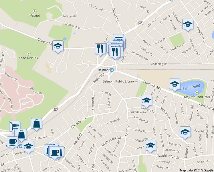 map of restaurants, bars, coffee shops, grocery stores, and more near 4 Dunbarton Road in Belmont