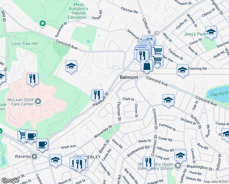 map of restaurants, bars, coffee shops, grocery stores, and more near 800A Pleasant Street in Belmont