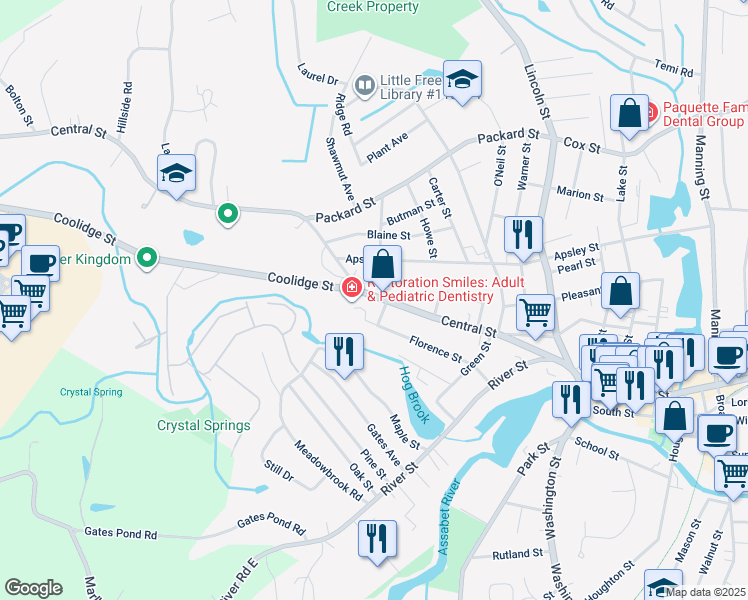 map of restaurants, bars, coffee shops, grocery stores, and more near 87 Central Street in Hudson