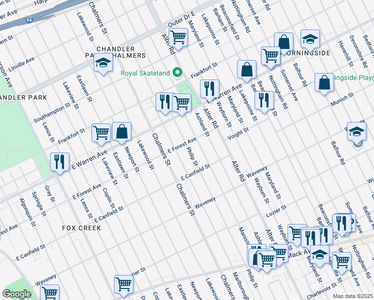 map of restaurants, bars, coffee shops, grocery stores, and more near 4801 Philip Street in Detroit