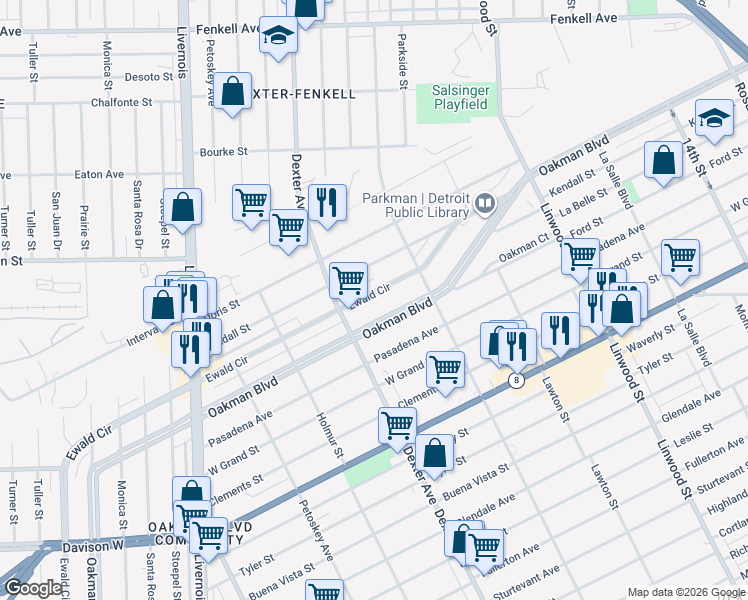 map of restaurants, bars, coffee shops, grocery stores, and more near 2063 Ewald Circle in Detroit