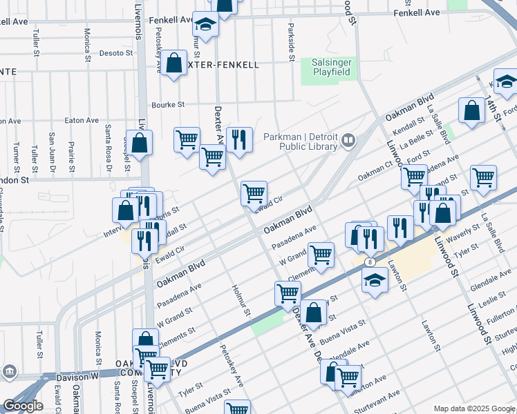 map of restaurants, bars, coffee shops, grocery stores, and more near 3351 Kendall Street in Detroit
