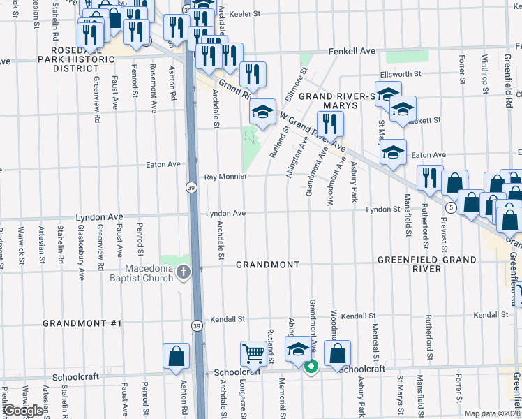 map of restaurants, bars, coffee shops, grocery stores, and more near 14529 Rutland Street in Detroit