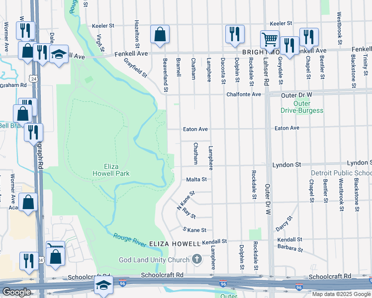 map of restaurants, bars, coffee shops, grocery stores, and more near 14601 Chatham in Detroit
