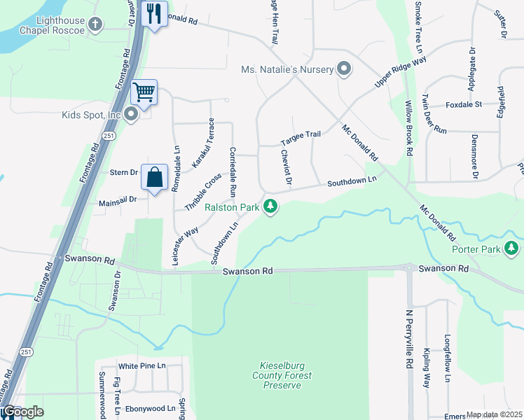 map of restaurants, bars, coffee shops, grocery stores, and more near 5703 Southdown Lane in Roscoe