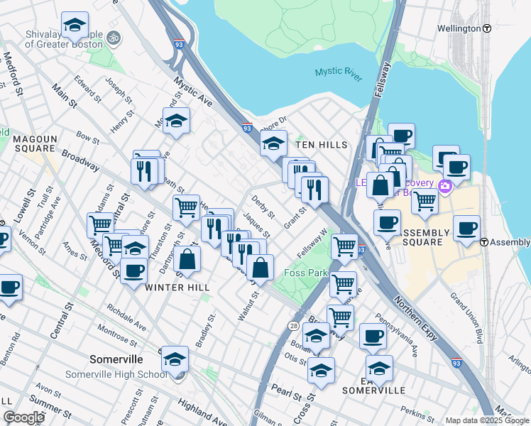map of restaurants, bars, coffee shops, grocery stores, and more near 64 Derby Street in Somerville