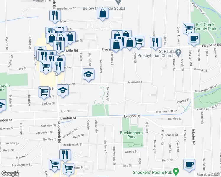 map of restaurants, bars, coffee shops, grocery stores, and more near 14824 Sunbury Street in Livonia