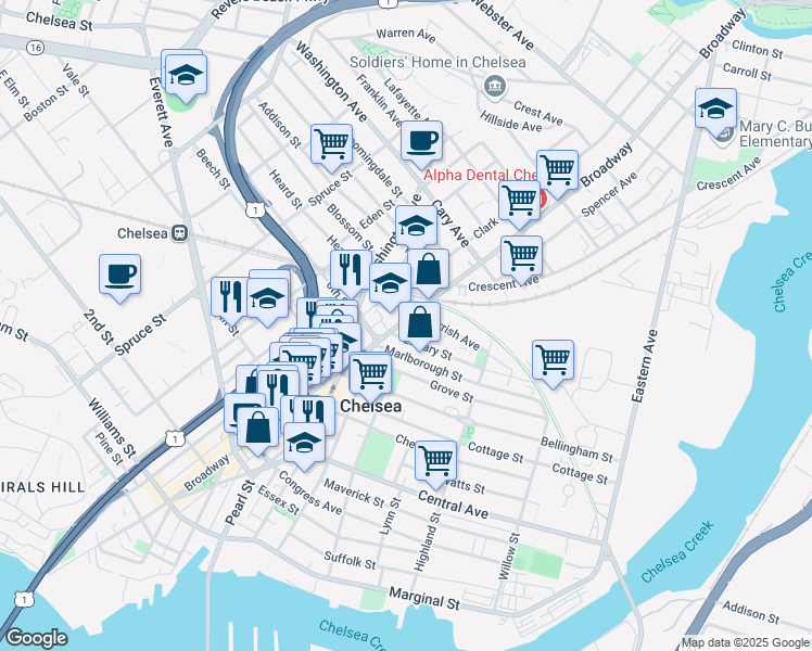 map of restaurants, bars, coffee shops, grocery stores, and more near 587 Broadway in Chelsea