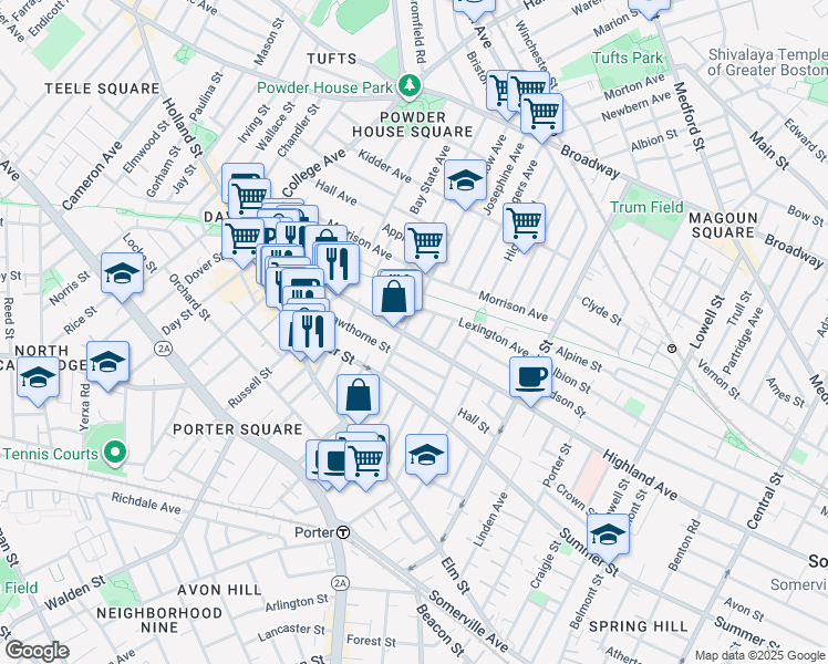 map of restaurants, bars, coffee shops, grocery stores, and more near 343 Highland Avenue in Somerville