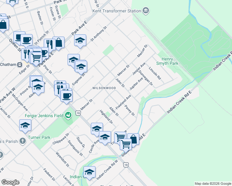 map of restaurants, bars, coffee shops, grocery stores, and more near 24 Simonton Drive in Chatham