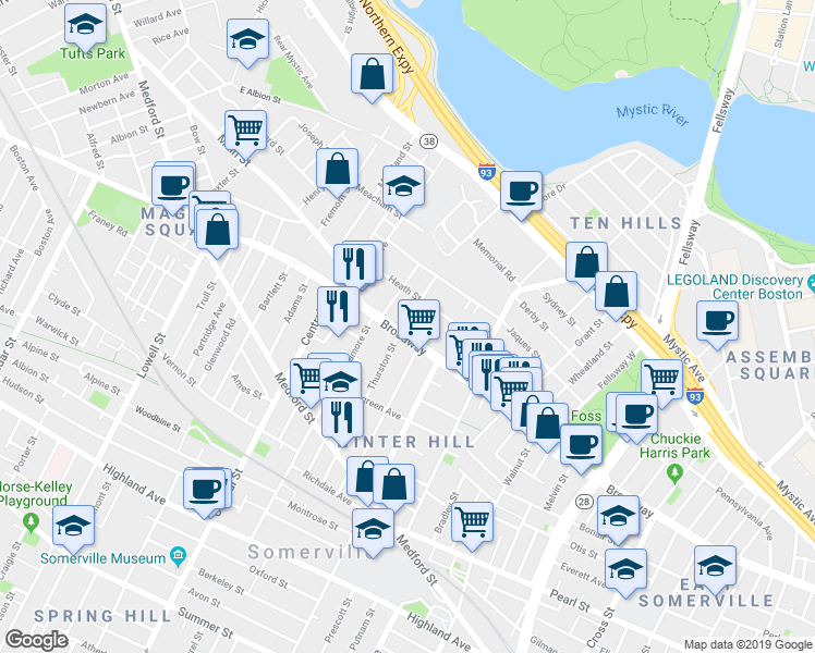 map of restaurants, bars, coffee shops, grocery stores, and more near 365 Broadway in Somerville