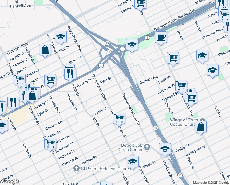 map of restaurants, bars, coffee shops, grocery stores, and more near 1665 Buena Vista Street in Detroit