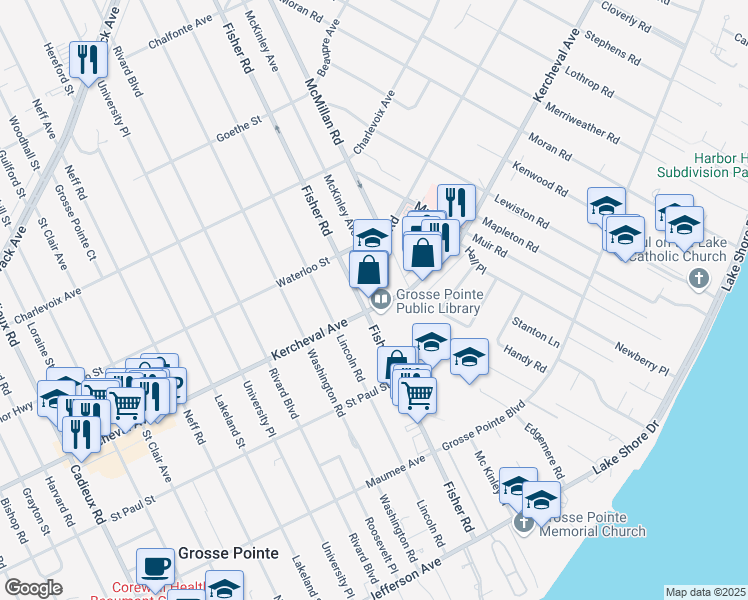 map of restaurants, bars, coffee shops, grocery stores, and more near in Grosse Pointe Farms