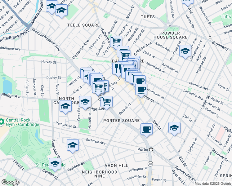 map of restaurants, bars, coffee shops, grocery stores, and more near 123 Orchard Street in Somerville