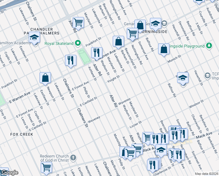 map of restaurants, bars, coffee shops, grocery stores, and more near 4449 Wayburn Avenue in Detroit
