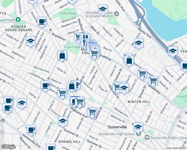 map of restaurants, bars, coffee shops, grocery stores, and more near 38 Partridge Avenue in Somerville