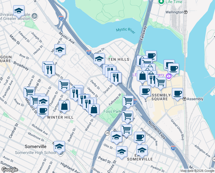 map of restaurants, bars, coffee shops, grocery stores, and more near 43 Sydney Street in Somerville