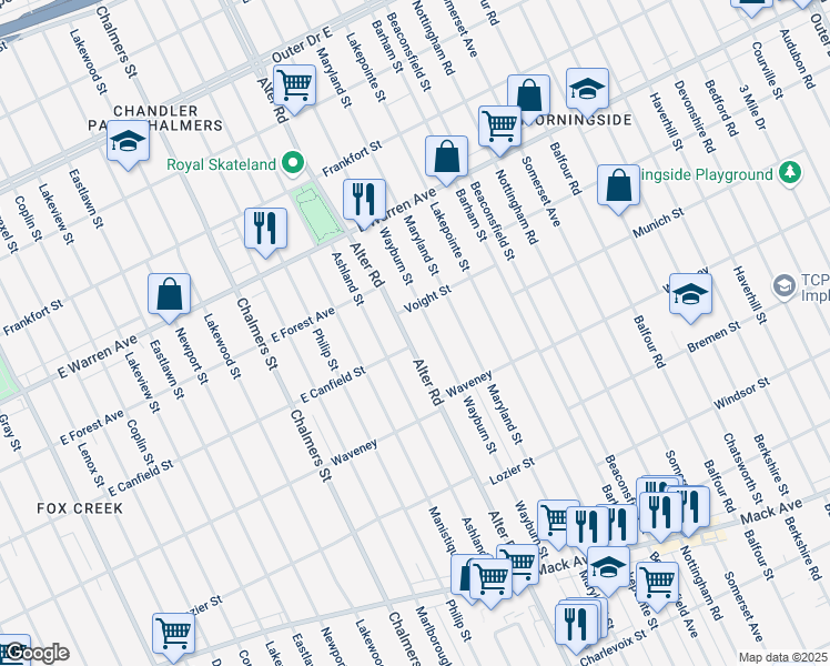 map of restaurants, bars, coffee shops, grocery stores, and more near 4449 Wayburn Avenue in Detroit