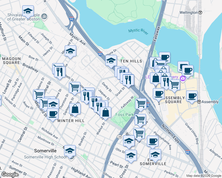 map of restaurants, bars, coffee shops, grocery stores, and more near 45 Derby Street in Somerville