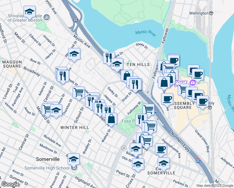 map of restaurants, bars, coffee shops, grocery stores, and more near 45 Derby Street in Somerville