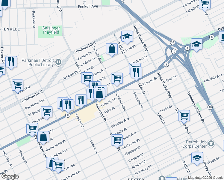 map of restaurants, bars, coffee shops, grocery stores, and more near 13505 La Salle Boulevard in Detroit