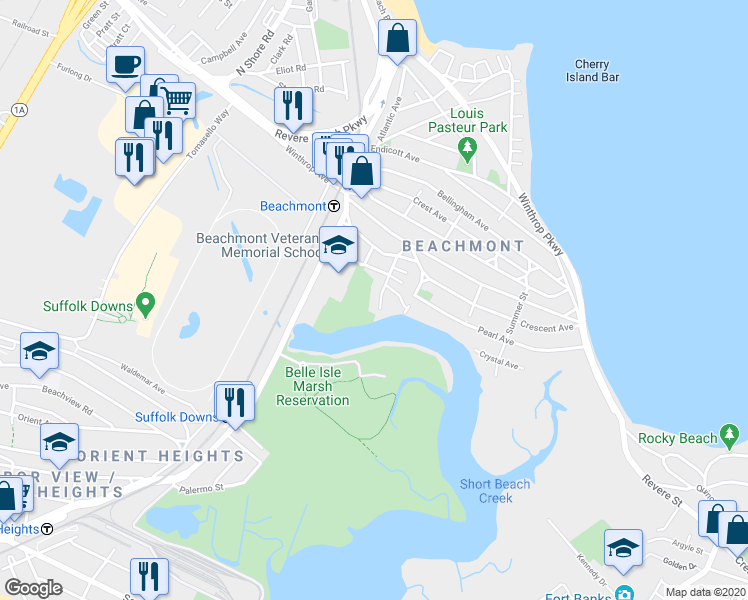 map of restaurants, bars, coffee shops, grocery stores, and more near 37 Belle Isle Avenue in Revere