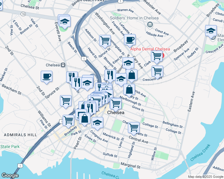 map of restaurants, bars, coffee shops, grocery stores, and more near 103 Poplar Street in Chelsea