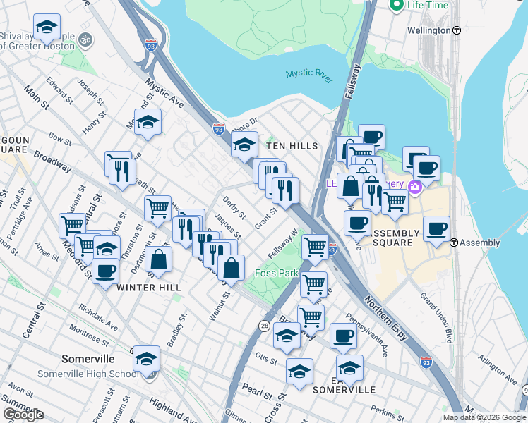 map of restaurants, bars, coffee shops, grocery stores, and more near 43 Sydney Street in Somerville