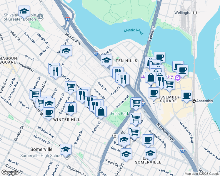 map of restaurants, bars, coffee shops, grocery stores, and more near 43 Sydney Street in Somerville