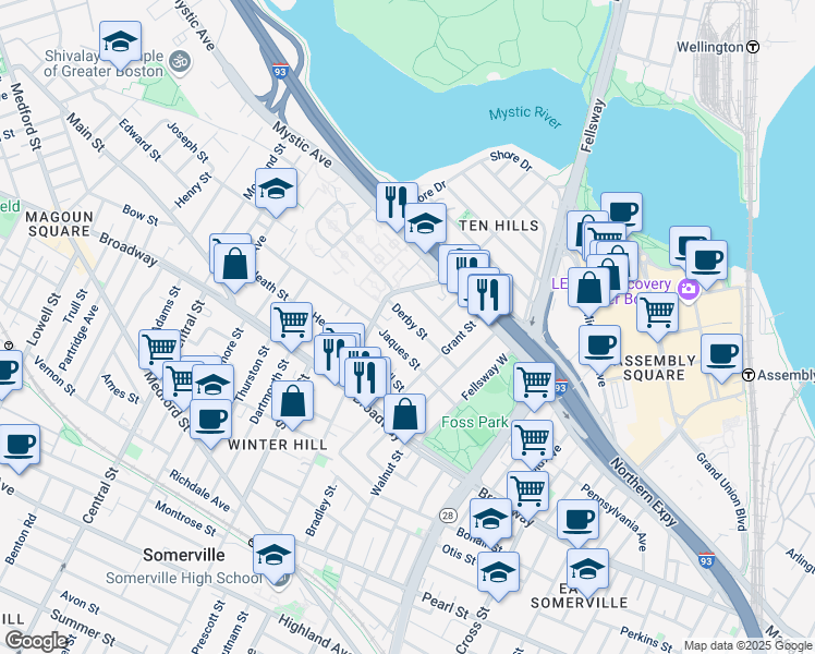 map of restaurants, bars, coffee shops, grocery stores, and more near 64 Derby Street in Somerville
