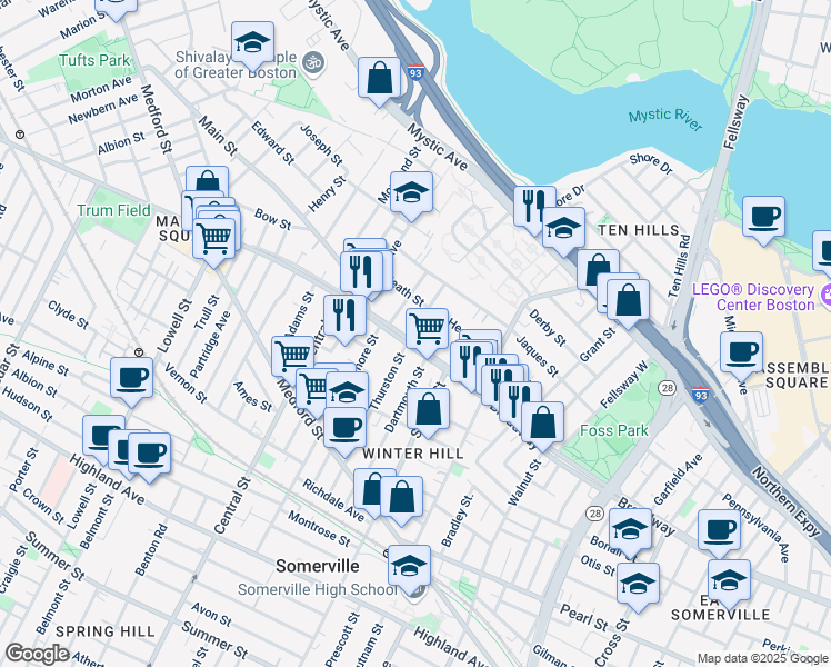 map of restaurants, bars, coffee shops, grocery stores, and more near 11 Fenwick Street in Somerville