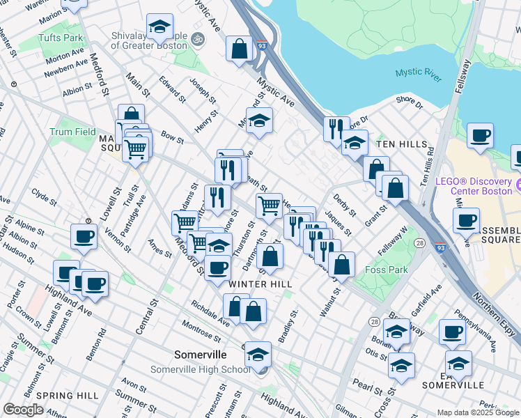 map of restaurants, bars, coffee shops, grocery stores, and more near 11 Fenwick Street in Somerville