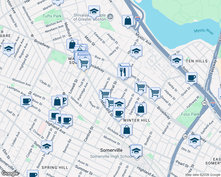 map of restaurants, bars, coffee shops, grocery stores, and more near 43 Adams Street in Somerville