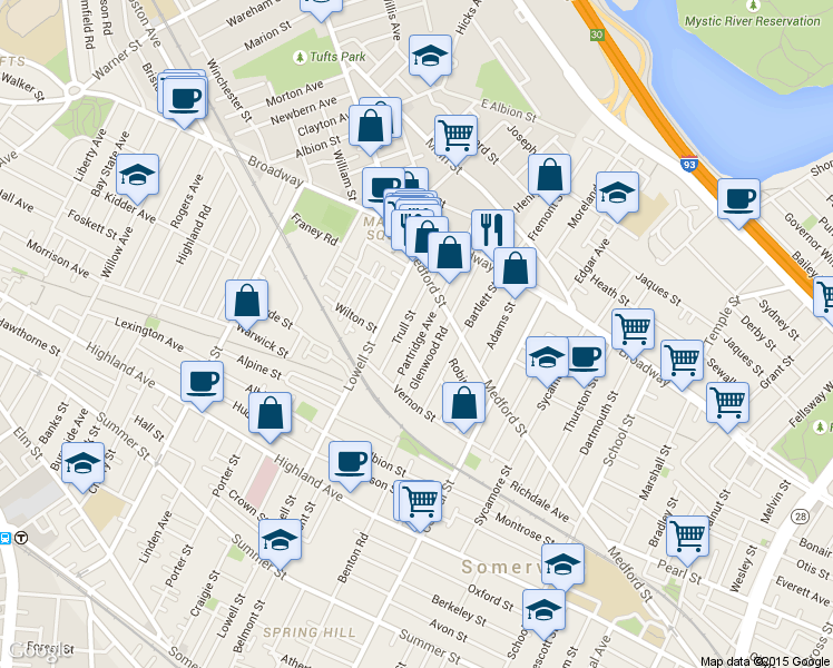 map of restaurants, bars, coffee shops, grocery stores, and more near 47 Partridge Avenue in Somerville