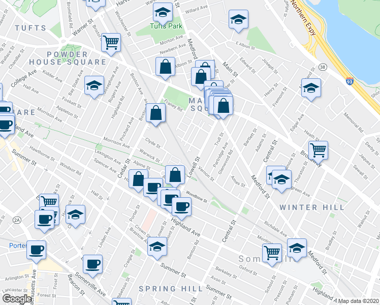 map of restaurants, bars, coffee shops, grocery stores, and more near 30 Nashua Street in Somerville