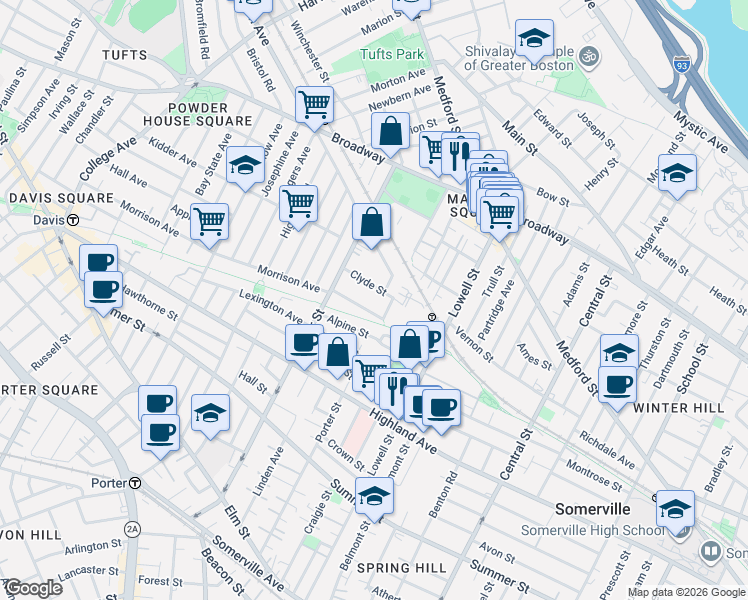 map of restaurants, bars, coffee shops, grocery stores, and more near 29 Clyde Street in Somerville