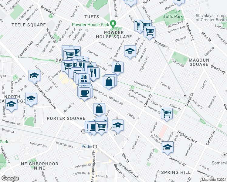 map of restaurants, bars, coffee shops, grocery stores, and more near 100 Willow Avenue in Somerville