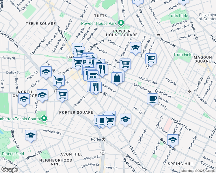 map of restaurants, bars, coffee shops, grocery stores, and more near 362A Highland Avenue in Somerville