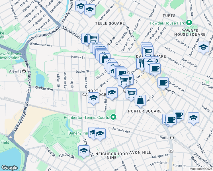 map of restaurants, bars, coffee shops, grocery stores, and more near 24 Rice Street in Cambridge