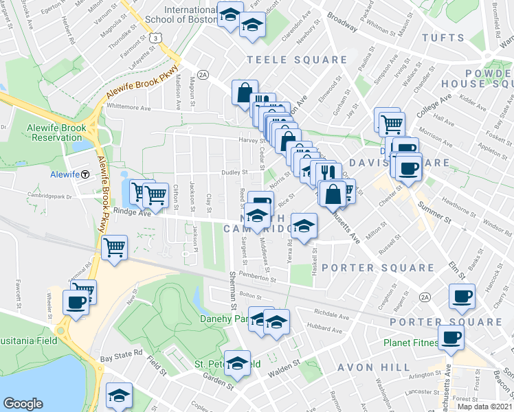 map of restaurants, bars, coffee shops, grocery stores, and more near 53R Cedar Street in Cambridge