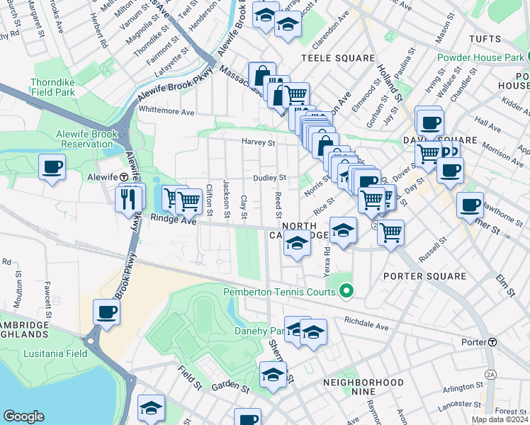 map of restaurants, bars, coffee shops, grocery stores, and more near 37 Montgomery Street in Cambridge