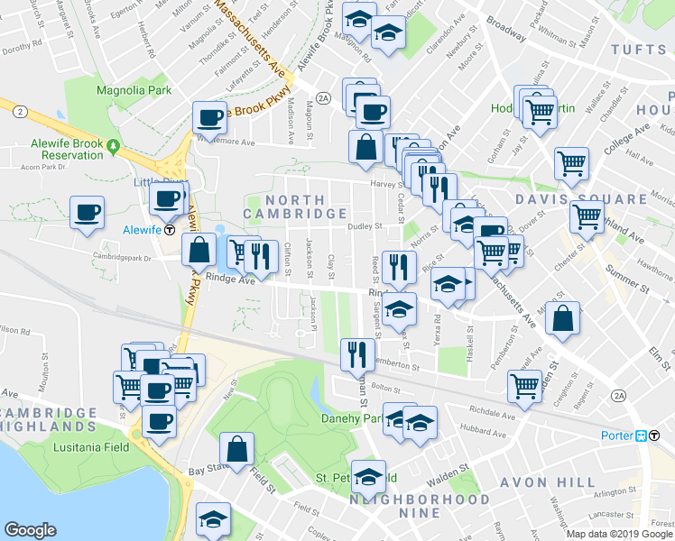 map of restaurants, bars, coffee shops, grocery stores, and more near 34 Clay Street in Cambridge