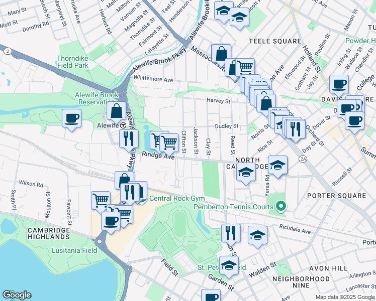 map of restaurants, bars, coffee shops, grocery stores, and more near 29 Clifton Street in Cambridge