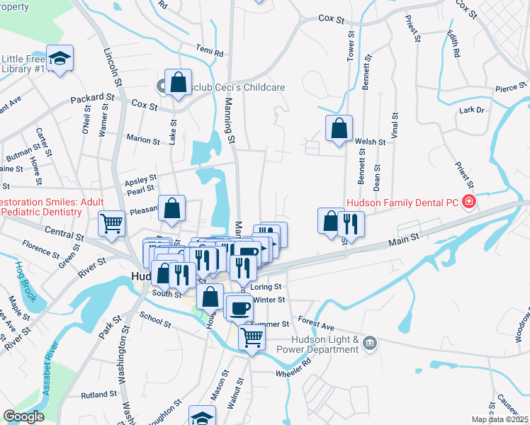 map of restaurants, bars, coffee shops, grocery stores, and more near 42 High Street in Hudson