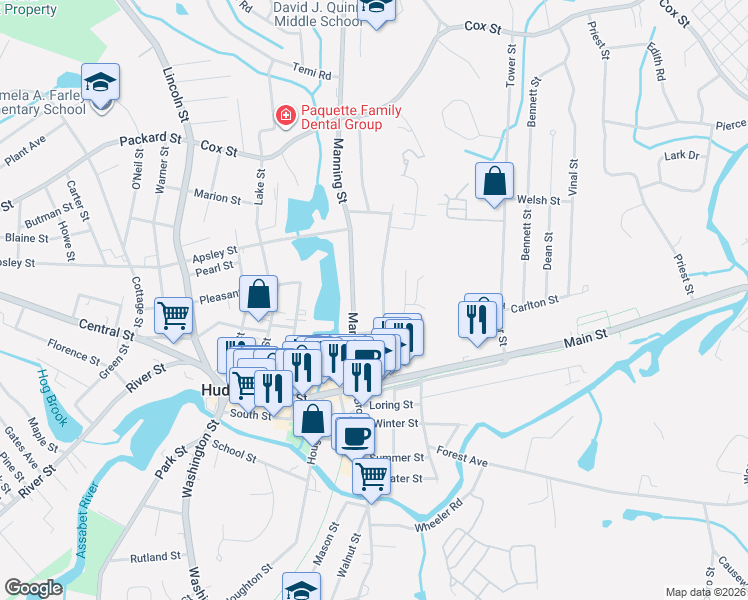 map of restaurants, bars, coffee shops, grocery stores, and more near 42 High Street in Hudson