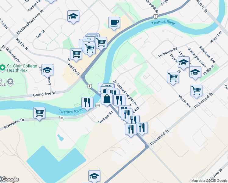 map of restaurants, bars, coffee shops, grocery stores, and more near 16 Orchard Heights Drive in Chatham