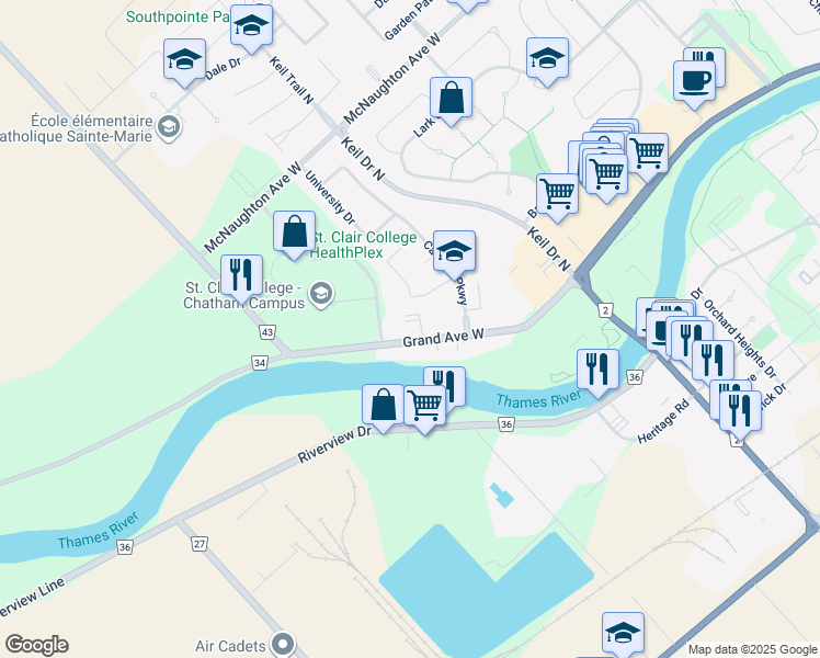 map of restaurants, bars, coffee shops, grocery stores, and more near 974 Grand Avenue West in Chatham