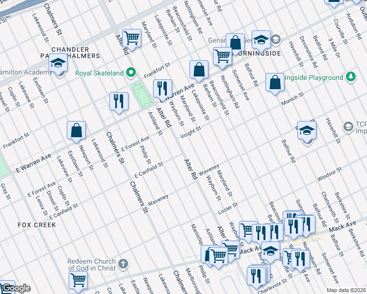 map of restaurants, bars, coffee shops, grocery stores, and more near 4449 Wayburn Avenue in Detroit