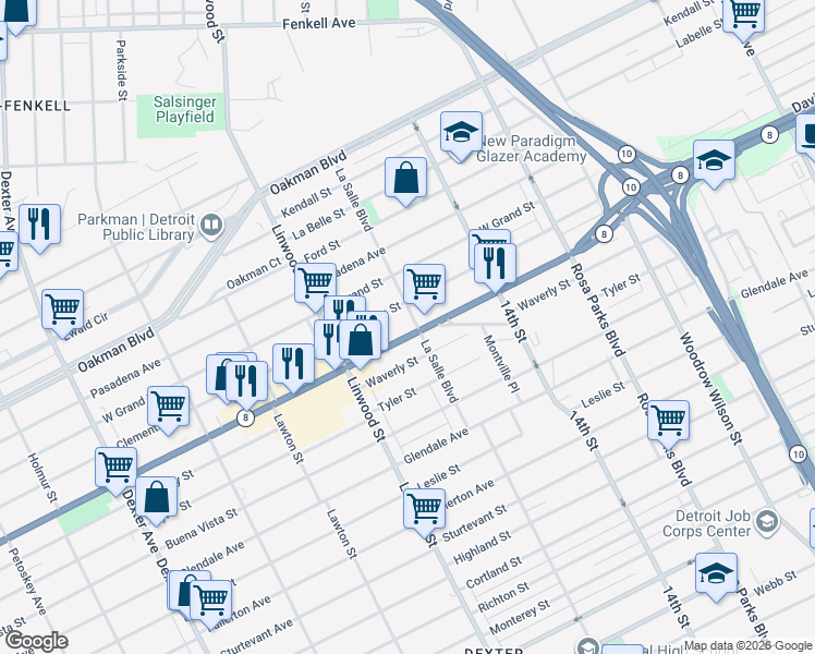 map of restaurants, bars, coffee shops, grocery stores, and more near 13527 La Salle Boulevard in Detroit