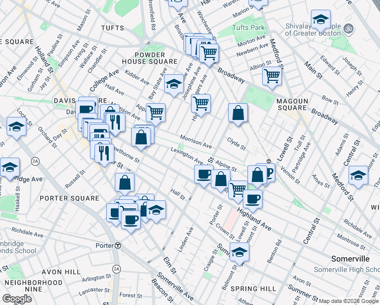 map of restaurants, bars, coffee shops, grocery stores, and more near 47 Lexington Avenue in Somerville